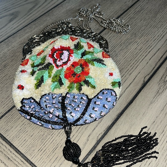 VTG Christiana 100% Silk Hand Beaded Purse Art Deco W/ Mirror & Long Chain - Picture 3 of 10